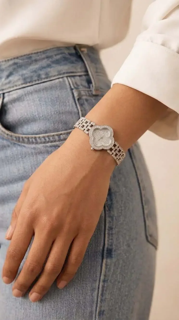 Four Leaf Clover Motif Gold-Tone Rhinestone Bracelet Quartz Watch